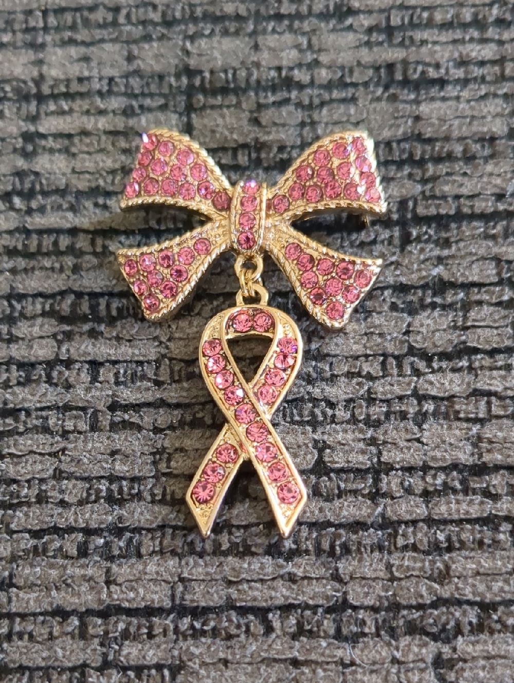 Rhinestone Pave Pink Ribbon Dangle Brooch